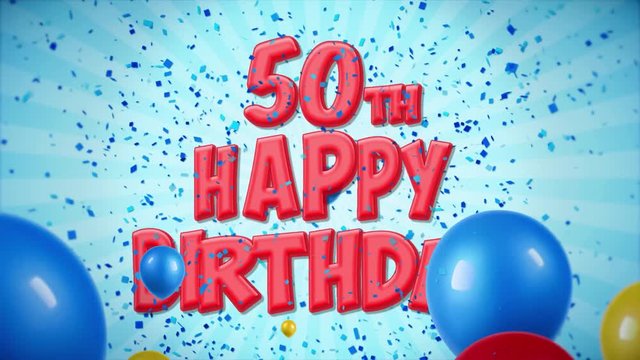 52. 50th Happy Birthday Red Text Appears on Confetti Popper Explosions Falling and Glitter Particles, Colorful Flying Balloons Seamless Loop Animation for Wishes Greeting, Party, Invitation, card.