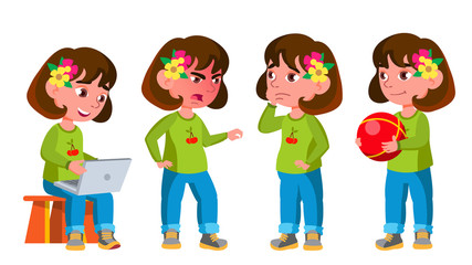 Girl Kindergarten Kid Poses Set Vector. Preschool, Childhood. Friend. For Postcard, Cover, Placard Design. Isolated Cartoon Illustration
