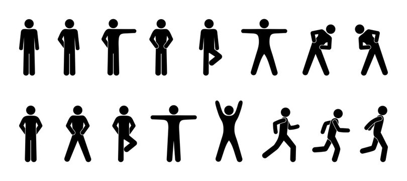 stick figure, set of icons people, basic movement, man poses, pictogram human silhouettes