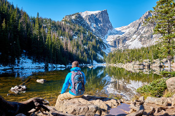 Tourist near Dream Lake in Colorado