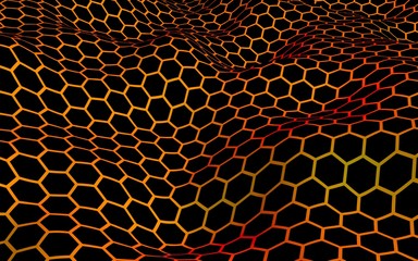 Honeycomb wave effect on a red yellow background. Perspective view on polygon look like honeycomb. Isometric geometry. 3D illustration