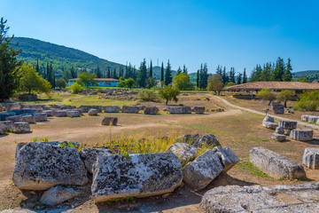 Archaeological site of Nemea in Greece. Stone and columns remains from the temple of Zeus