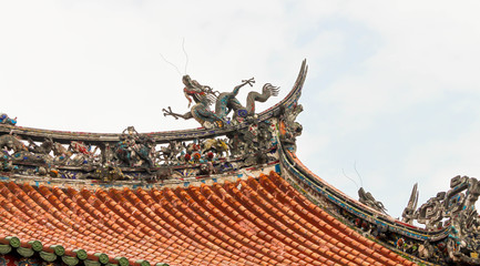 Close up Dragon on Roof of the Longshan Temple in Taipei, Taiwan