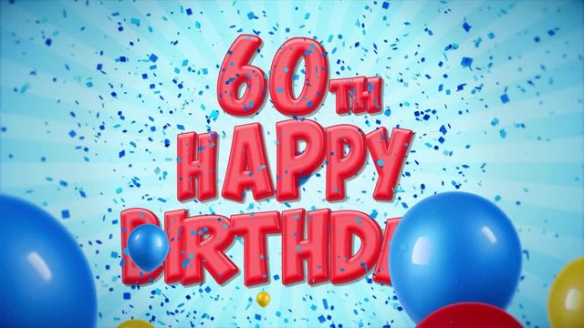 56. 60th Happy Birthday Red Text Appears on Confetti Popper Explosions Falling and Glitter Particles, Colorful Flying Balloons Seamless Loop Animation for Wishes Greeting, Party, Invitation, card.