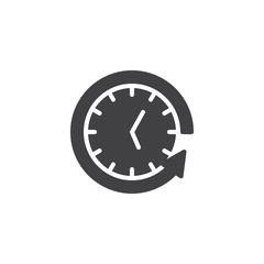 Back arrow around clock vector icon. filled flat sign for mobile concept and web design. Time back simple solid icon. Backup symbol, logo illustration. Pixel perfect vector graphics