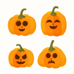 Set of halloween vector cartoon pumpkin with different faces on white background