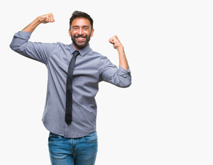 Adult hispanic business man over isolated background showing arms muscles smiling proud. Fitness concept.
