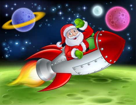 Santa in his space rocket sleigh flying over an alien sci fi landscape and waving Christmas cartoon illustration