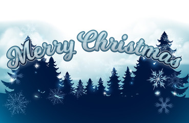 A winter wonderland landscape and snowflakes background with Merry Christmas message 