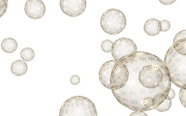 Bitcoin economic financial bubble. Cryptocurrency 3D illustration. Business concept. Golden bubbles on a white background