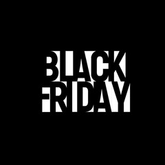 Black Friday sale banner. Night discount poster design. Offer tag geometric lettering. White text on black background, vector illustration.