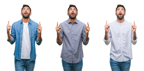 Collage of handsome young indian man over isolated background amazed and surprised looking up and pointing with fingers and raised arms.