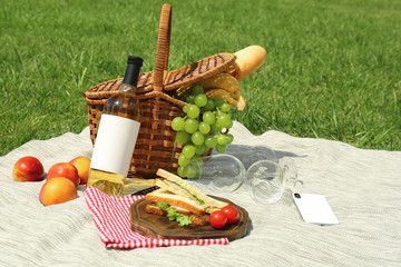 Basket with food and wineglasses on blanket prepared for picnic in park © New Africa
