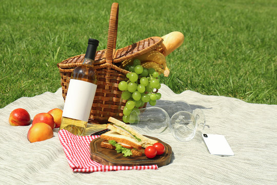 Basket with food and wineglasses on blanket prepared for picnic in park