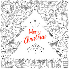 Fototapeta premium Hand drawn Merry Christmas doodle composition around text. Vector illustration of New year symbols isolated on white background. Happy holidays.
