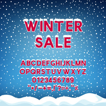 Snow on the Letters Winter Sale, Festive Winter Background with Alphabet, Snowfall and Snowdrifts, Vector Illustration