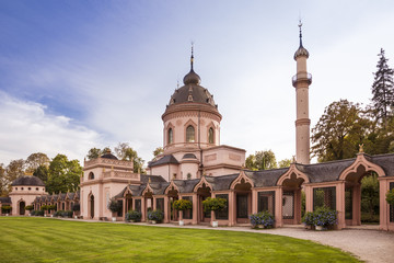 Fototapeta na wymiar Prayer walk, Red Mosque, building in the garden of the Schwetzinger castle, Schwetzinger castle garden. Schwetzingen, Baden-Wuerttemberg, Germany, Europe