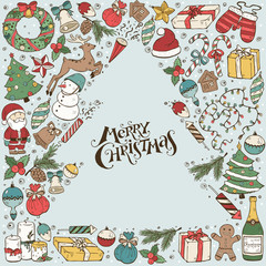 Hand drawn Merry Christmas doodle composition around text. Vector illustration of New year symbols  isolated on white background. Happy holidays.