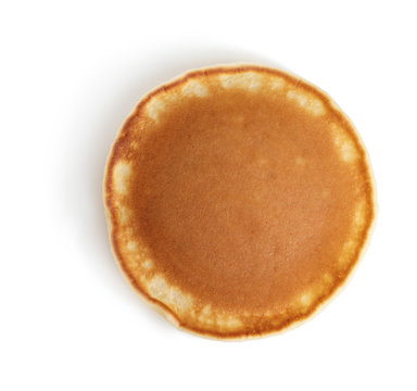 Fresh tasty pancake on white background, top view