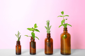 Row of glass bottles with rosemary and mint on color background