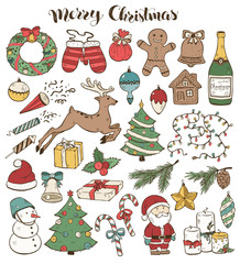 Merry Christmas traditional symbols in doodle style isolated on white background. Vector illustration of New Year attributes. Santa, deer, gingerbread, Christmas tree etc. Happy New Year sketches.