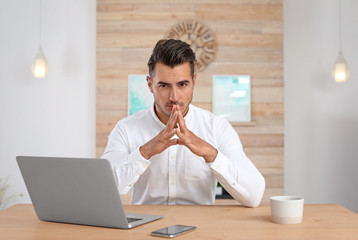 Portrait of handsome young man with laptop in office