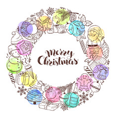 Hand drawn Merry Christmas doodle objects in circle composition with watercolor circles. Vector illustration on white background. Happy holidays.