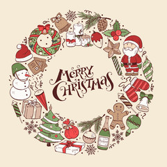 Fototapeta na wymiar Hand drawn Merry Christmas doodle objects in circle composition around text. Vector illustration of New year symbols. Happy holidays.