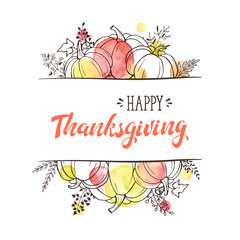 Happy Thanksgiving greeting card template. Autumn composition with hand drawn  pumkins and watercolor circles on white background. Thanksgiving banner.