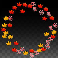 Vector Percentage Sign and Autumn Leaves Confetti on Transparent Background. Percent Sale Background. Business, Economics, Finance Print. Discount Illustration. Promotion poster. Black Friday Banner. 