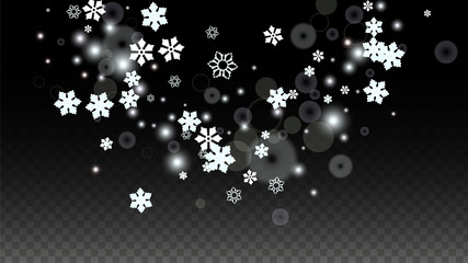 Christmas  Vector Background with White Falling Snowflakes Isolated on Transparent Background. Realistic Snow Sparkle Pattern. Snowfall Overlay Print. Winter Sky. Design for Party Invitation.