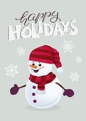 Funny snowman in hat, scarf and mittens on snowy background.  Happy Holidays vector illustration.