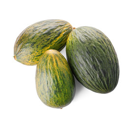 Whole tasty ripe melons on white background, top view