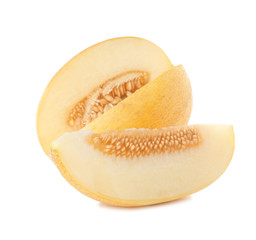 Sliced ripe tasty melon on white background