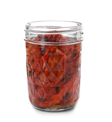 Jar with sun dried tomatoes on white background
