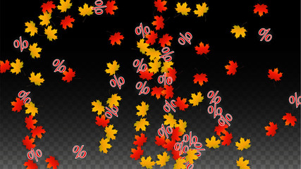 Obraz premium Vector Percentage Sign and Autumn Leaves Confetti on Transparent Background. Percent Sale Background. Business, Economics, Finance Print. Discount Illustration. Promotion poster. Black Friday Banner. 