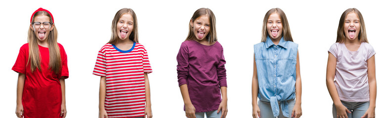Collage of young beautiful little girl kid over isolated background sticking tongue out happy with funny expression. Emotion concept. © Krakenimages.com