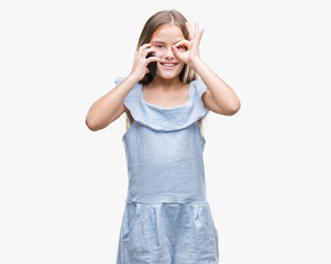 Young beautiful girl talking on the phone over isolated background with happy face smiling doing ok sign with hand on eye looking through fingers