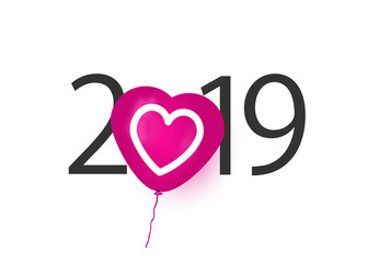 Happy new year 2019. 2019 with Heart balloon. Love theme