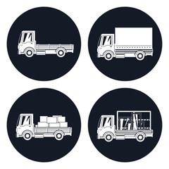 Small Trucks with Different Loads Icons, Empty and Covered Trucks, Lorries with Boxes and Windows, Delivery Services, Transport Services and Logistics, Vector Illustration