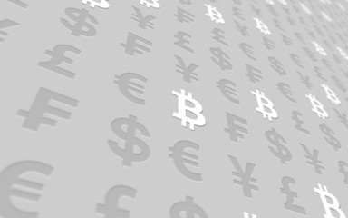 Bitcoin and currency on a gray background. Digital Cryptocurrency symbol. Business concept. Market Display. 3D illustration