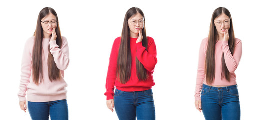 Collage of young beautiful Chinese woman over isolated background touching mouth with hand with painful expression because of toothache or dental illness on teeth. Dentist concept.