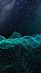 Star horizon. Abstract landscape on a dark background. Cyberspace grid. Hi-tech network. Outer space. Starry outer space texture. 3D illustration