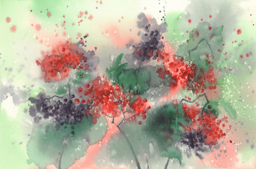 Branches of red and black berries watercolor background.