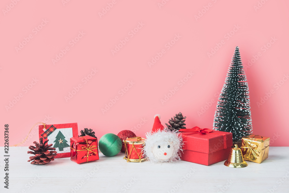 Poster christmas decoration on white wooden table with copy space