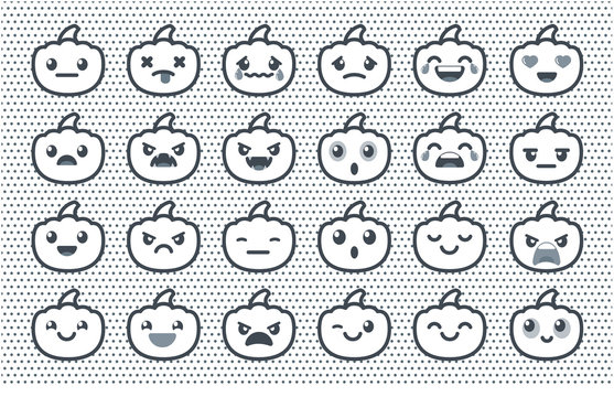 Pumpkin Halloween. Set of icons in retro style emotions for Halloween. Joy, sorrow, anger, tears, crying, laughter, love, anger, laughter, sadness, boredom, fun. Vectors illustration.