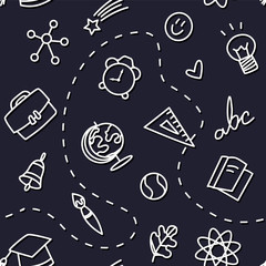 Seamless pattern with school icons on black background. Thin line flat design. Vector.