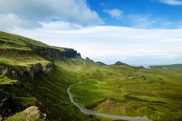  Tourists favourite place in Scotland - Isle of Skye. Scotland green nature. Top of the mountains. Beautiful nature. Scottish Highlands. 