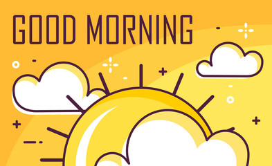 Good morning poster with clouds and sun. Thin line flat design. Vector banner. - 222638381