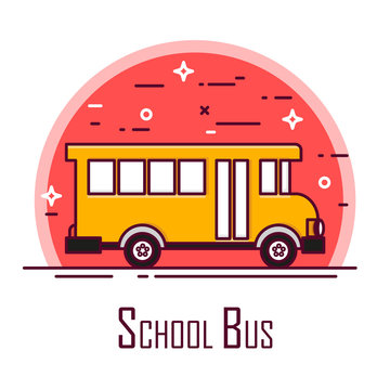 School bus icon in red circle. Thin line flat design. Vector.